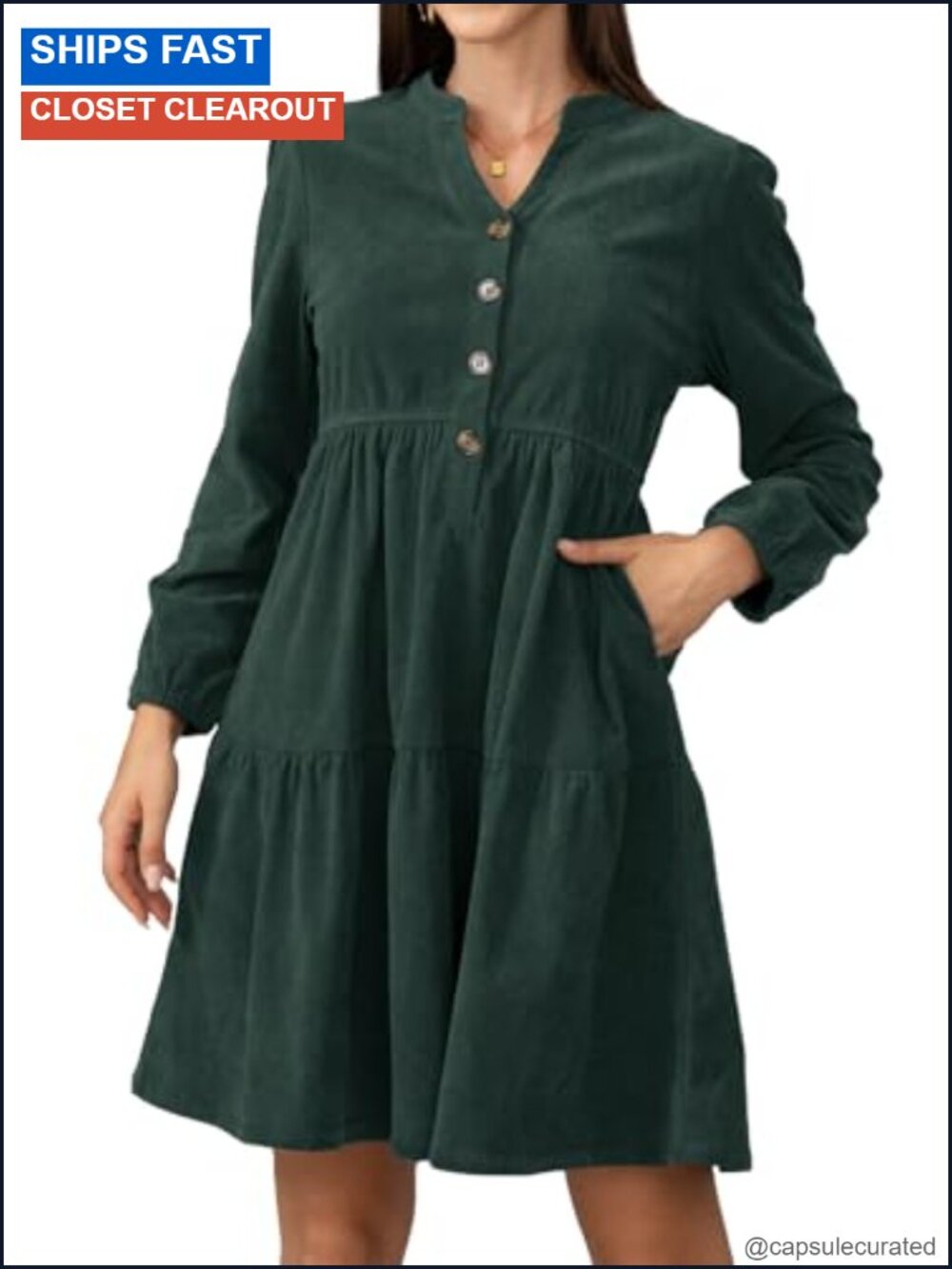 Corduroy Long Sleeve V-Neck Layered Work Dress Above Knee Pockets